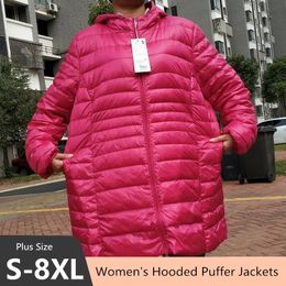 Parkas en duvet pour femmes grande taille 5XL 6XL 7XL vestes bouffantes à capuche 2023 arrivées femme Ultra léger emballable chaud manteau ajusté 231025
