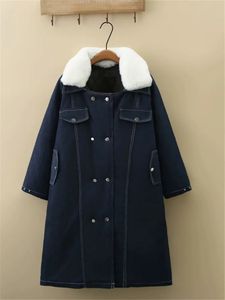 Parkas en duvet pour femmes, grande taille, vêtements d'hiver, veste en jean, revers avec col en fourrure, Double boutonnage à carreaux diamant, manteau épais en coton matelassé 231025