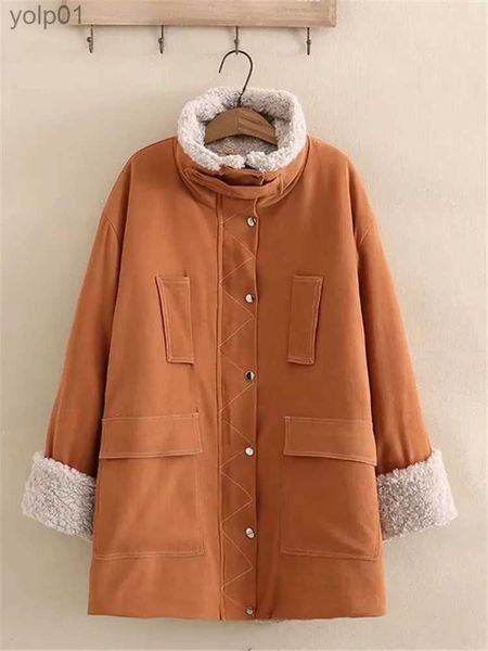 Parkas de plumón para mujer Ropa de mujer de talla grande Chaqueta de invierno Cuello alto Sles largos Lana de cordero sintética Cremallera de color sólido Abrigo grueso de tamaño extra grande L231118