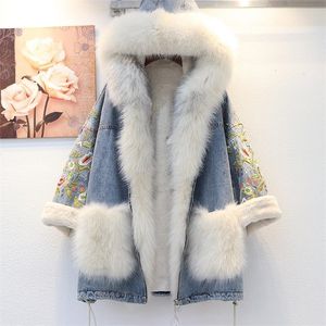 Femmes Down Parkas Premium Fau Fur Col Denim Brodé Veste Hiver À Capuche Chaud Basique Long 221205