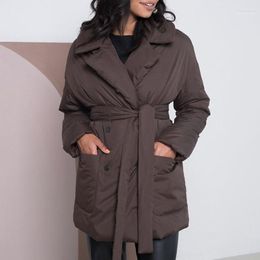 Parkas en duvet pour femmes Quinn mode décontracté cranté femmes élégant Double boutonnage manteaux cravate ceinture poches coton vestes dames Kare22