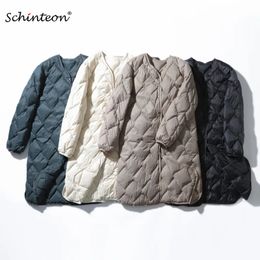 Parkas de plumón para mujer Schinteon, chaqueta larga ultraligera con plumón de pato blanco, cuello en V Argyle, abrigo informal para otoño e invierno, moda 231021