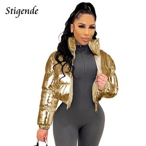 Parkas Femme Stigende brillant coton rembourré manteau doré femmes hiver chaud fermeture éclair haut court Veste Patchwork Puffer Parka vêtements d'extérieur Veste Femme 231031