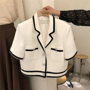 Parkas pour femmes tempérament coréen Tweed blanc à manches courtes veste pour femme culture mode été mince costumes noirs laine Cardigan haut 220906