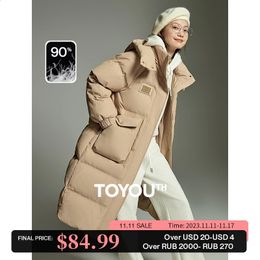 Parkas de plumón para mujer Toyouth Chaqueta larga para mujer 2023 Cuello alto de invierno Abrigo con capucha gruesa Textura a cuadros Moda Abrigo caqui negro cálido 231118