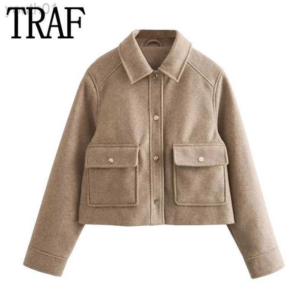 Parkas de plumón para mujer TRAF 2023, chaqueta recortada de color Camel para mujer, chaqueta Vintage de otoño suave de manga larga para mujer, ropa de calle, abrigos cortos nuevos en invierno zln231115