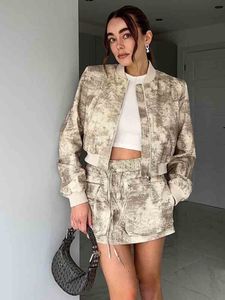 Dames S Down Parkas Traf Bomber Jacket Fashion Print met zakken Spring Jackets Coat Zipper Lange Mouw Casual in Outerwears Chic Tops 230920