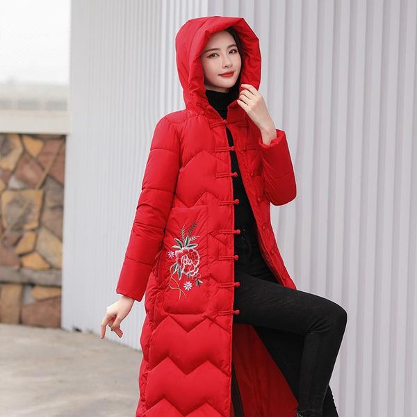 Parkas en duvet pour femmes hiver dos fleurs broderie veste femmes rembourré x-long manteau à simple boutonnage Style chinois vêtements d'extérieur vestes de pain