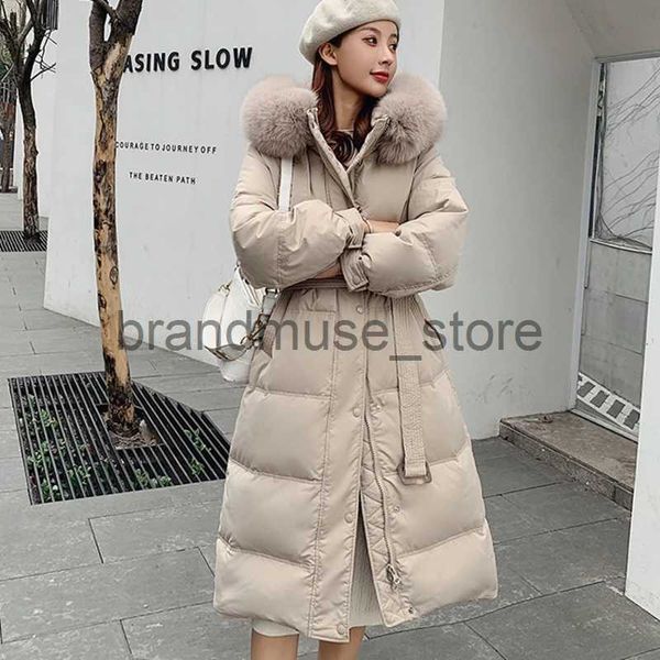 Parkas de plumón para mujer Chaqueta acolchada con capucha de piel grande de invierno Hasta la rodilla Abrigo acolchado de plumón de pato blanco delgado con cinturón Office Lady Down Parkas JK-884 J231226