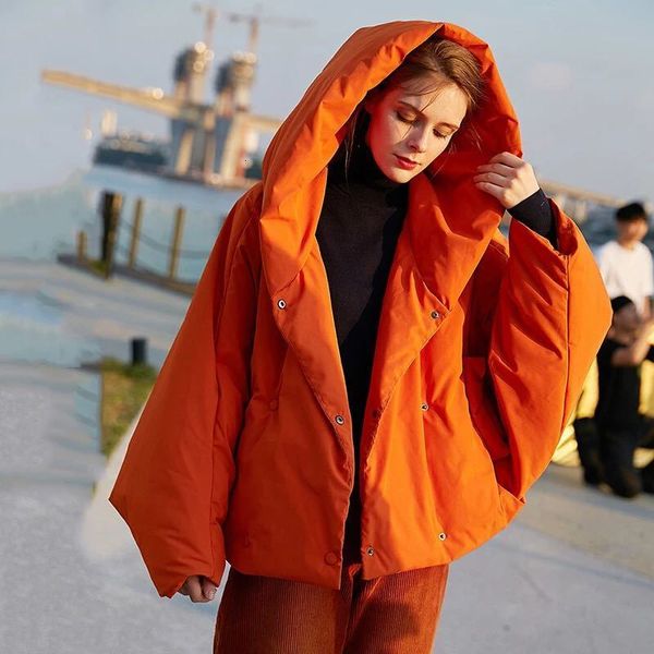 Parkas en duvet pour femmes, mode d'hiver, ample, moelleux, Orange, rouge, veste surdimensionnée, à capuche, manches longues, manteaux chauds, F2531 230109