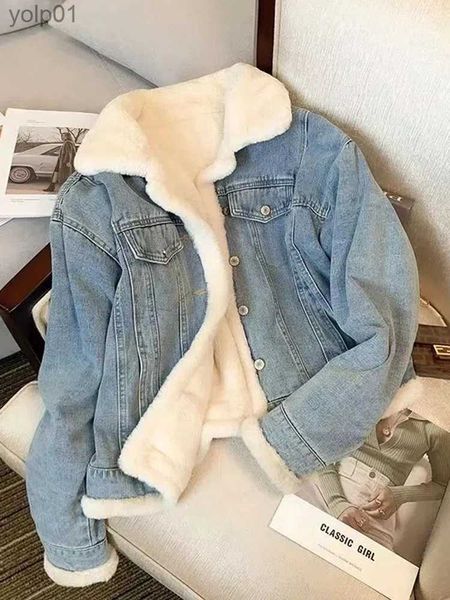 Parkas d'hiver en polaire épaisse pour femme, veste en jean ample, surdimensionnée, décontractée, chaude, manteaux en jean, vêtements avec col en fourrure, vêtements longs L231118