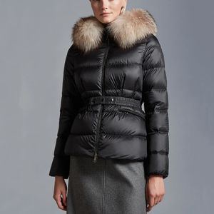 Veste d'hiver parka en duvet pour femme, classique, grand col en fourrure, capuche, ceinture épaisse, taille slim, courte, noire, 2023, 231130