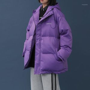 Parkas Femme Veste d'hiver Femmes Violet Solide Coton Rembourré Pain Court Harajuku Collège Style Chaud Streetwear Mode Manteau À Bulles