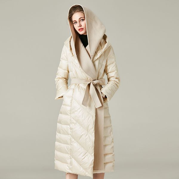 Parkas pour femmes hiver longue veste en duvet de canard blanc pour les femmes rouge épissage manteau à capuche à capuche épaissir chaud lâche hiver pardessus à lacets 221208