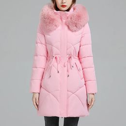 Parkas pour femmes hiver mi-longueur mince femmes décontracté Simple solide à capuche col de fourrure Zippre lacets femme épaissir manteaux chauds 231120