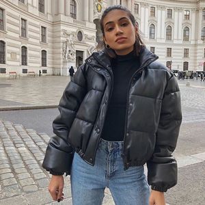 Femmes vers le bas Parkas hiver épais femmes court chaud mode PU cuir manteaux noir coton rembourré femme veste élégante fermeture éclair vêtements 230920