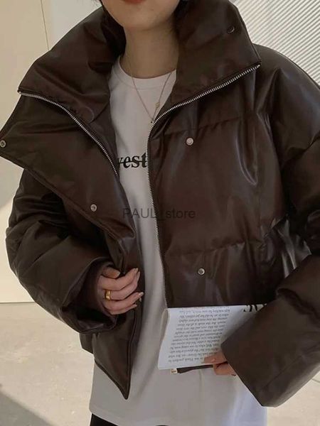 Parkas pour femmes Hiver chaud épaisse veste en cuir féminine collier collier court pu parkas coton manteau rembourré femelle brown street zipper lingots231215