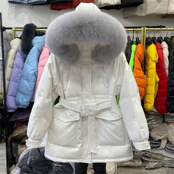 Parkas en duvet pour femmes hiver femmes épais chaud grande veste à capuche en fourrure véritable 90% manteau de canard blanc pour avec ceinture pardessus Guin22