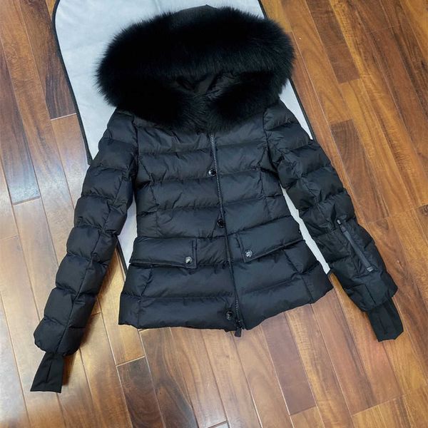 Parkas de plumón para mujer, chaquetas cortas negras para mujer, abrigo de invierno de diseñador, piel de zorro real con capucha, ropa exterior delgadaifd5