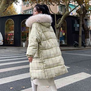 Dames Down Parkas Dames Jackets 2021 Winter Fashion Plus Size Ladies Parker Down Cotton Hooded Big Fur Collar Gedekte jas Plaid Jacket Women T220902