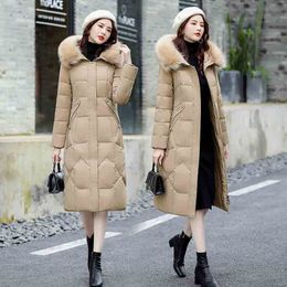 Dames down parkas dames knielengte longstyle mode grote haarkraag taille capuchoned down jas 221205