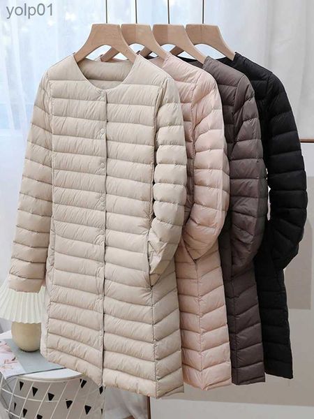 Parkas de plumón para mujer, abrigo de invierno para mujer, chaquetas de pato ultraligeras con cuello redondo, abrigo largo acolchado, prendas de vestir a prueba de viento, forro cálidoL231118 2023