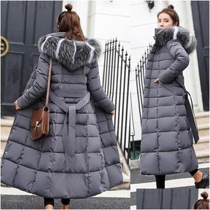 Femme pour femmes Down Parkas Womens Cotton Solid Fl Pockets Hlippétes féminines Long Mabin Slim Veste rembourrée hiver