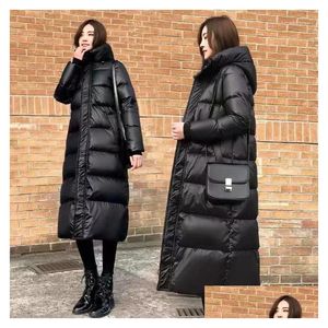 Women's Down Parkas Femmes vers le bas noir brillant Parka manteau mode épaissir hiver à capuche ample longue veste femme coupe-vent imperméable W Dh5O3