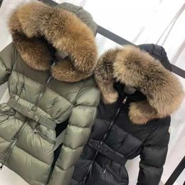 Parkas en duvet pour femme Doudoune d'hiver pour femme Manteaux avec col en vrais cheveux Parkas chauds à la mode avec ceinture Manteau en coton pour femme Grande poche