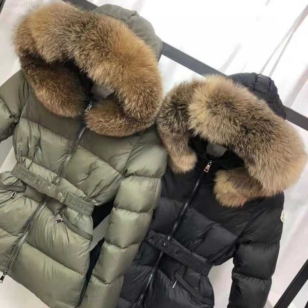 Parkas de plumón para mujer Chaqueta de plumón para mujer Chaquetas de invierno Abrigos Cuello de pelo real Parkas de moda cálidas con cinturón Abrigo de algodón para mujer Prendas de abrigo Bolsillo grande