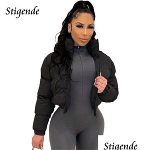 Parkas en duvet pour femmes Manteau rembourré en coton Stigende pour femmes Parka bouffante pour femmes Vêtements d'extérieur Couleur unie Hiver Chaud Zipper Crop Top Jack Dhbei