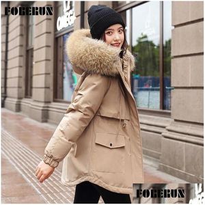 Femmes Down Parkas Femmes Manteau d'hiver Femmes Polaire Coton Rembourrage Fourrure À Capuche Taille Slim Dstring Épais Longue Veste Solide Mujer 2022 Dhpyq