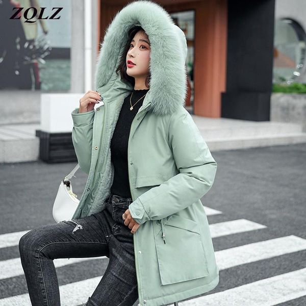 Parkas en duvet pour femmes ZQLZ femmes hiver longue Parka grande taille à capuche col en fourrure mince coton rembourré manteau femme décontracté chaud noir rose veste