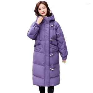 Manteau en coton mi-long violet pour femme, mode hiver 2023, bouton en corne de Style coréen, capuche chaude pour dames, vêtements d'extérieur JD2057