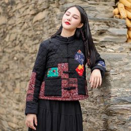 QPFJQD Dames Chaud Court Coton Vêtements Col Montant Manches Longues Rétro Patchwork Manteau Femmes Printemps Hiver Style Chinois Parkas