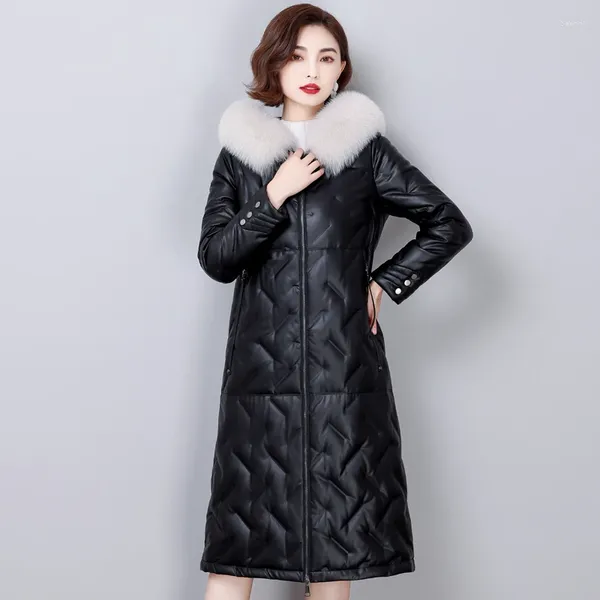 Veste d'hiver en cuir à capuche pour femme, manteau en duvet de canard blanc, chaud, ample et Long, avec col en vraie fourrure, à la mode, 90%