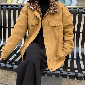 Femmes duvet rétro épais POLO col léopard Denim veste femmes vêtements d'hiver coréen simple boutonnage chaud fourrure artificielle femme manteau