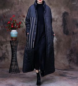 SuperAen – manteau chaud à rayures en duvet pour femme, veste longue au dessus du genou, rembourrée en coton, grande taille, Patchwork, hiver 2023