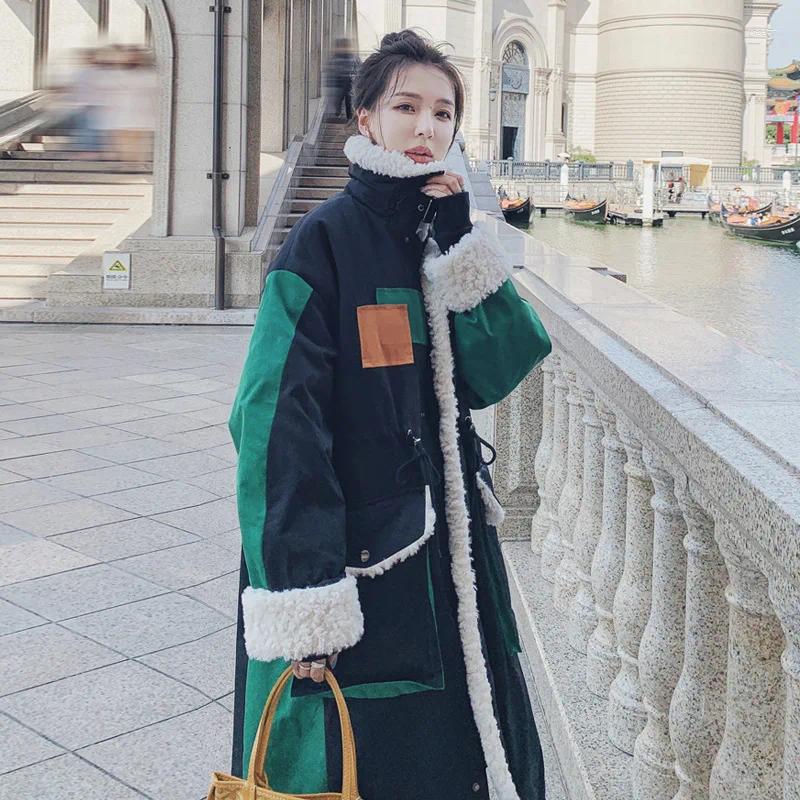 Women's Down The Lamb Hair Stitching Pie Overcomes Female Winter Korean Student Design Sense Niche Plus Velvet Cotton Jacket