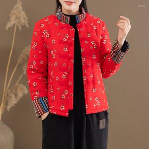 Femmes vers le bas Style chinois traditionnel automne femmes coton chaud rétro mode imprimé vestes Cardigan manteau d'extérieur hauts vêtements orientaux