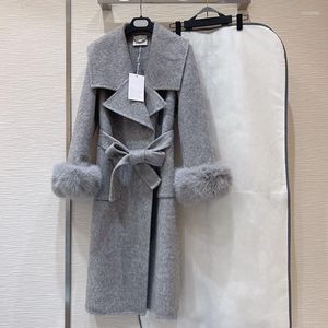 Manteau en laine de luxe pour femmes à col rabattu pour femmes de haute qualité amovible véritable manchette en fourrure longue veste Casaco Feminino