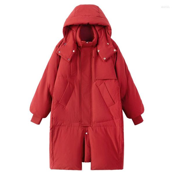 Vers le bas des femmes vêtements d'hiver femmes mode lâche à capuche rouge coton rembourré manteau pardessus femme élégante coréenne longue noir Parka veste 0630