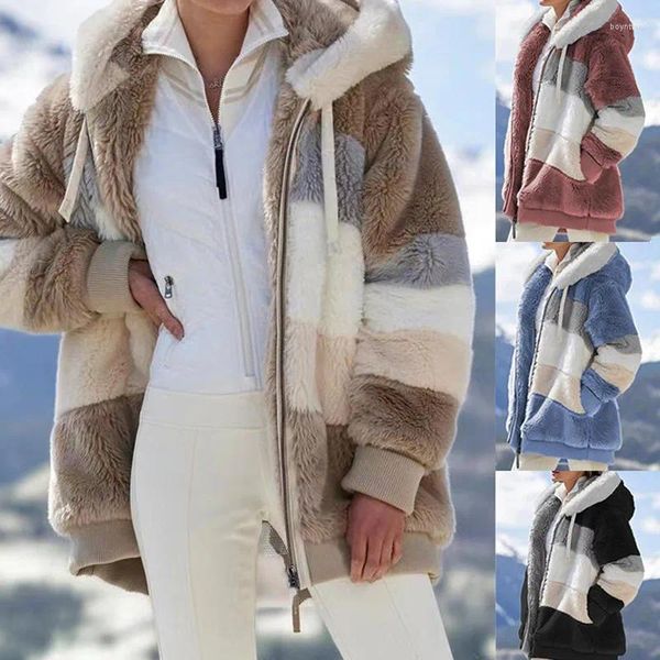 Chaqueta de invierno de plumón para mujer, abrigo de piel con capucha y bolsillo con cremallera de retales de felpa, abrigo grueso y cálido de talla grande para mujer, prendas de vestir exteriores