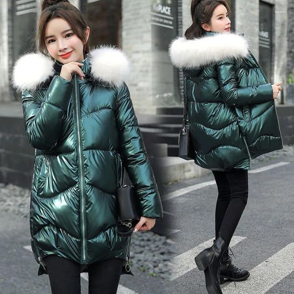 Chaqueta de invierno de plumas para mujer, abrigo Parka para mujer, abrigo largo medio con capucha, chaquetas de algodón brillantes con cuello de piel Artificial cálido 2024