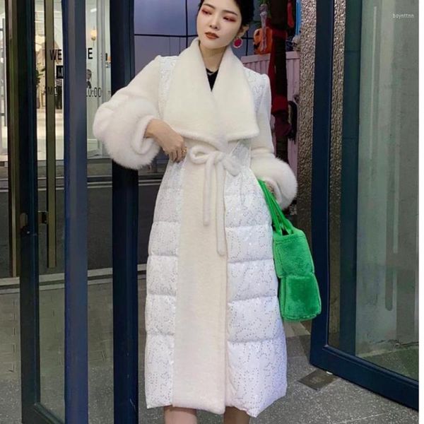 Veste d'hiver en duvet pour femmes femmes épissage Long canard blanc industrie lourde paillettes vestes bouffantes lâches