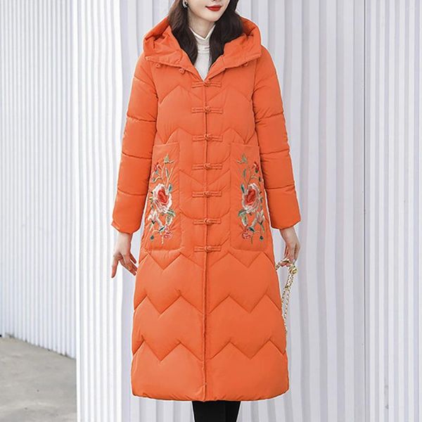 Parkas holgadas de invierno para mujer, chaqueta larga con capucha y bolsillo ajustado con bordado de flores de la cultura china antigua para discapacitados Z30