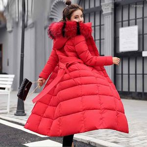 Parka d'hiver pour femmes Long manteau rembourré en coton décontracté col en fourrure Parkas surdimensionnés avec ceinture Chic veste manteaux femmes vêtements