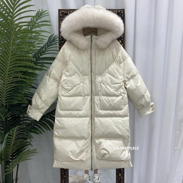 Manteau Long en duvet de canard blanc pour femme, veste à capuche avec grand col en vraie fourrure, décontracté, ample, épais et chaud, vêtements d'extérieur pour la neige, hiver 90%