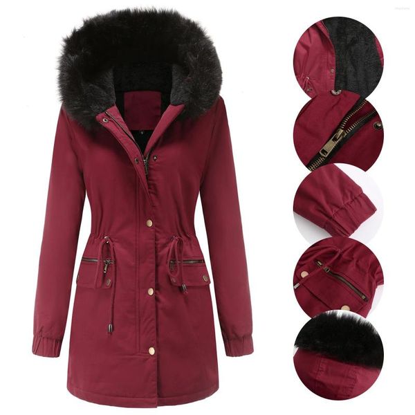 Manteau chaud Vintage pour femmes 2023 Veste Outwear Couleur rouge Parka d'hiver Vêtements Coton Rembourré Col de fourrure À Capuche Vêtements de neige
