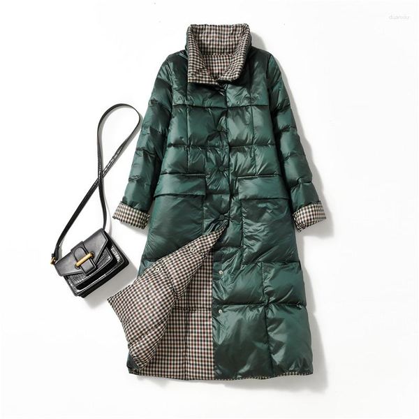 Femme's Down Femmes Double Face Veste Hiver Vintage Plaid Col Montant Simple Boutonnage Long Manteau Femme Chaud Ultra Léger Parkas